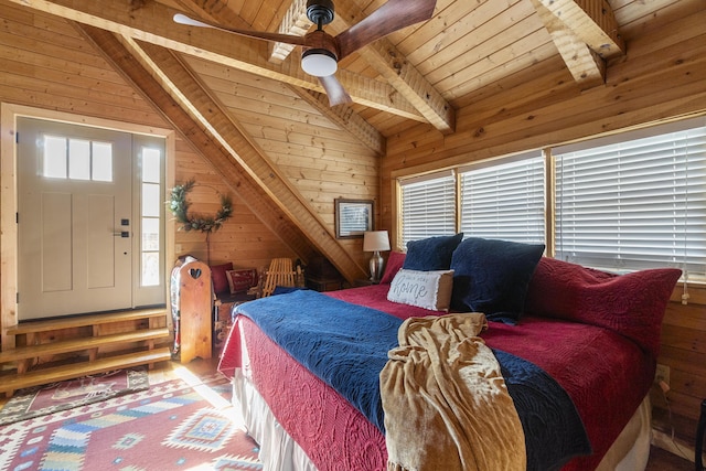 570 Stephen Brooks Rd, Greeneville, TN 37743 - bedroom featuring wood ceiling, wooden walls, wood finished floors, and a ceiling fan