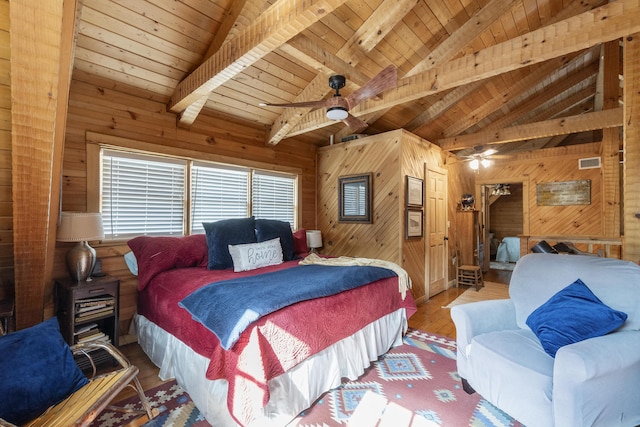 570 Stephen Brooks Rd, Greeneville, TN 37743 - bedroom featuring wood walls, wooden ceiling with exposed beams, wood finished floors, high vaulted ceiling, and a ceiling fan