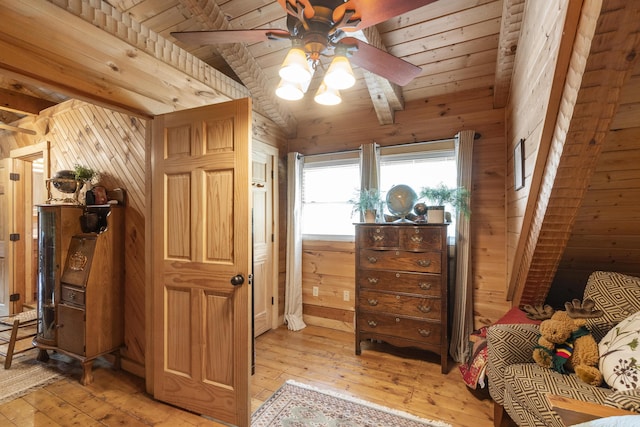 570 Stephen Brooks Rd, Greeneville, TN 37743 - living area featuring wood walls, ceiling fan, light wood finished floors, vaulted ceiling, and wooden ceiling