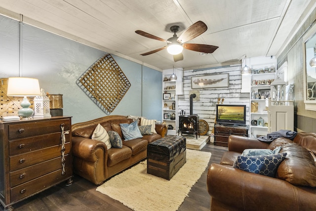 570 Stephen Brooks Rd, Greeneville, TN 37743 - living room with a wood stove, a ceiling fan, and dark wood finished floors
