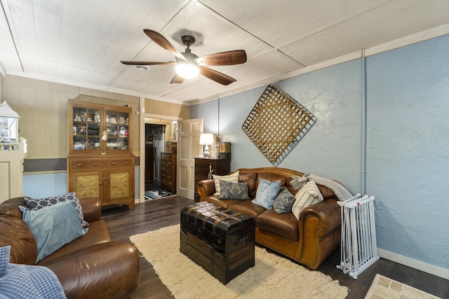 570 Stephen Brooks Rd, Greeneville, TN 37743 - living area with ceiling fan, crown molding, wood finished floors, a textured wall, and baseboards