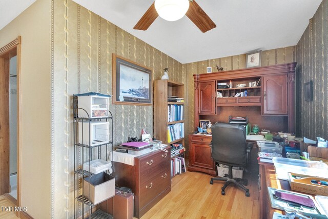 545 Mcmillian Rd, Midway, TN 37809 - office with wood walls, light hardwood / wood-style floors, and ceiling fan