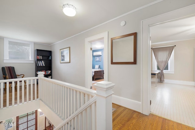 hallway featuring ornamental molding, light hardwood / wood-style floors, and a wealth of natural light