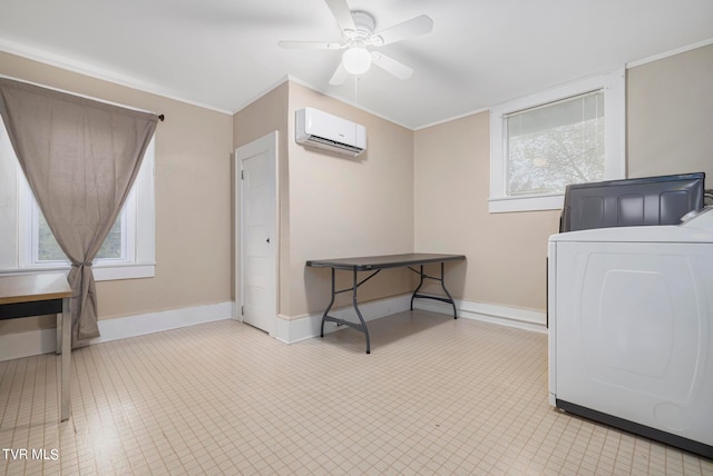 interior space featuring light tile floors, a wall mounted air conditioner, washer / dryer, and ceiling fan