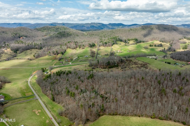 drone / aerial view featuring a rural view and a mountain view