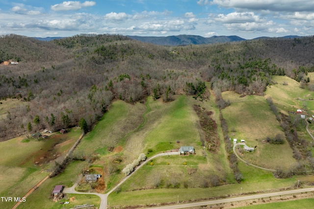 bird's eye view featuring a mountain view and a rural view