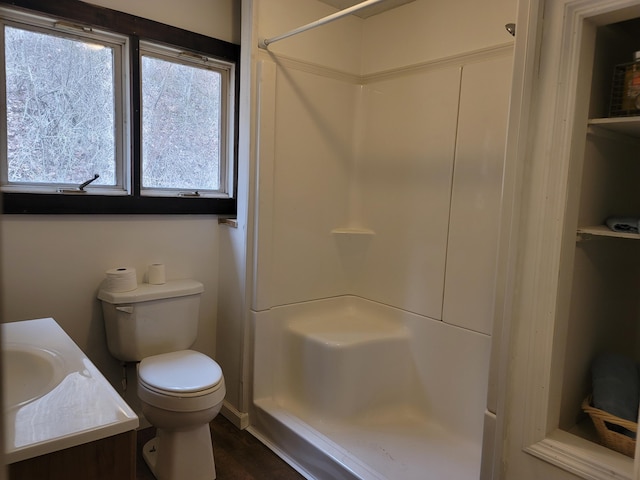 bathroom featuring toilet, vanity, and a shower