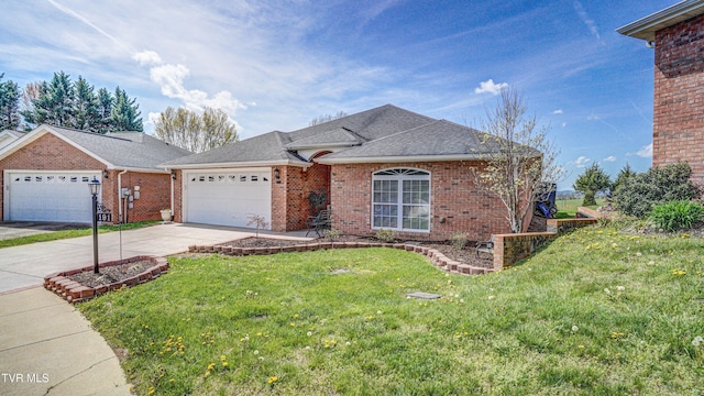 ranch-style house featuring an attached garage, concrete driveway, a front yard, brick siding, and roof with shingles