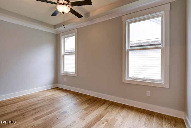 spare room with light hardwood / wood-style flooring, ceiling fan, and a raised ceiling