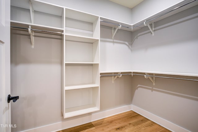 walk in closet with light hardwood / wood-style floors