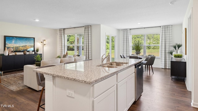 kitchen with dark hardwood / wood-style flooring, a kitchen island with sink, sink, light stone counters, and white cabinets