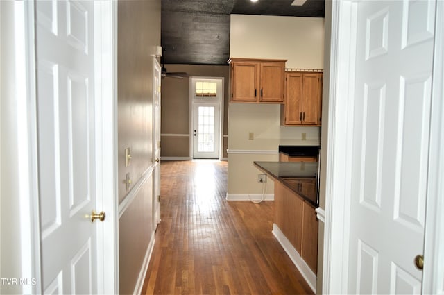 kitchen featuring ceiling fan and dark hardwood / wood-style floors