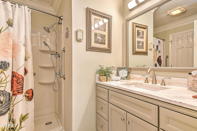 110 Eagle View Private Dr Unit 110, Blountville, TN 37617 - bathroom with crown molding, vanity, a shower with shower curtain, and a textured ceiling