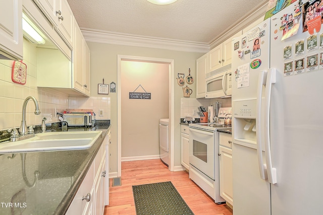 110 Eagle View Private Dr Unit 110, Blountville, TN 37617 - kitchen with white appliances, light wood finished floors, decorative backsplash, crown molding, and a textured ceiling