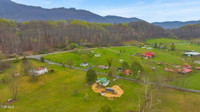 drone / aerial view featuring a mountain view and a rural view