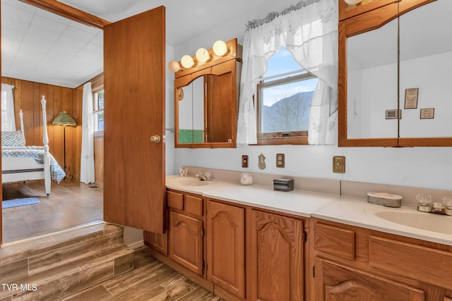 bathroom featuring wooden walls, vanity, and hardwood / wood-style floors