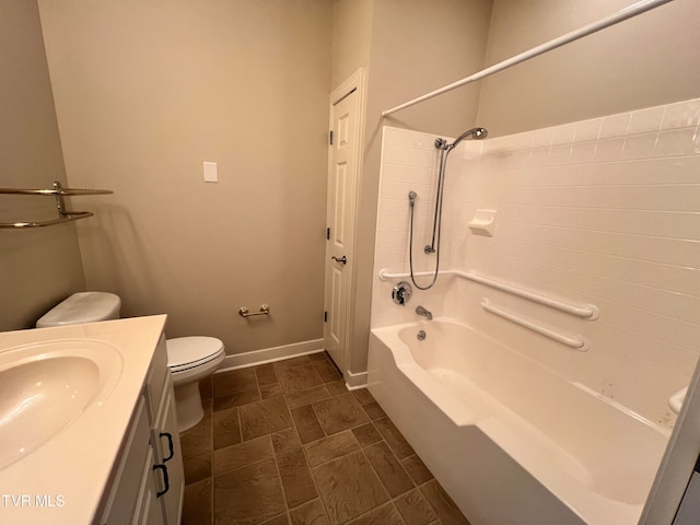 full bathroom with toilet, tub / shower combination, vanity, and tile floors