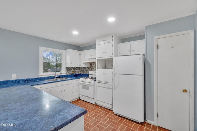 kitchen with sink, white appliances, white cabinetry, and custom range hood