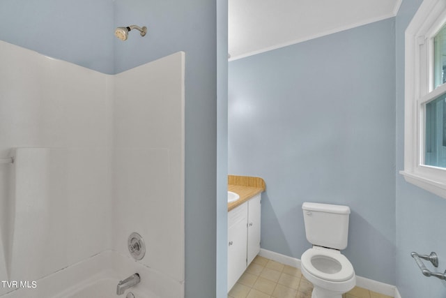 full bathroom featuring tile flooring, shower / bathing tub combination, vanity, and toilet