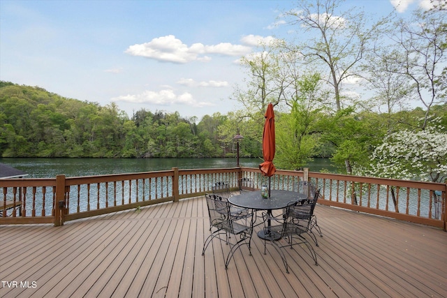 wooden terrace featuring a water view