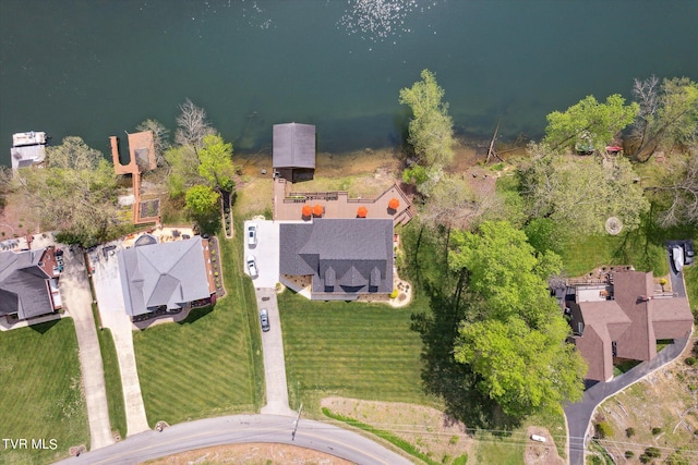 aerial view featuring a water view