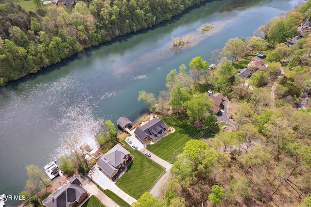 bird's eye view with a water view