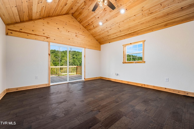 empty room with high vaulted ceiling, wooden ceiling, ceiling fan, and hardwood / wood-style floors