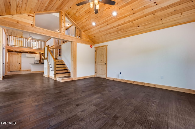 unfurnished living room featuring wooden ceiling, wood-type flooring, ceiling fan, and high vaulted ceiling