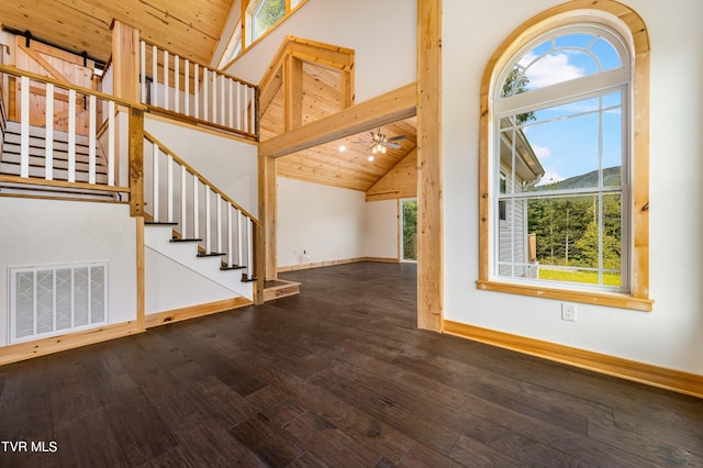 unfurnished living room with a healthy amount of sunlight, wood-type flooring, and wood ceiling