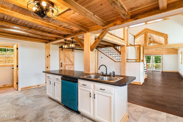 kitchen with sink, a kitchen island with sink, wooden ceiling, and light hardwood / wood-style floors