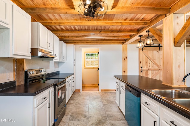 kitchen with stainless steel range with electric cooktop, black dishwasher, wooden ceiling, and beamed ceiling