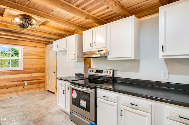 kitchen featuring stainless steel range with electric stovetop, wooden ceiling, white cabinets, and beam ceiling