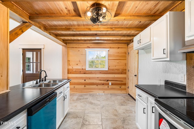 kitchen with dishwasher, beamed ceiling, wood ceiling, and sink