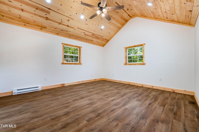 empty room featuring ceiling fan, a baseboard heating unit, wood-type flooring, and wooden ceiling