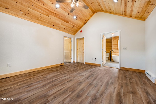 interior space featuring wood-type flooring, ceiling fan, high vaulted ceiling, and wood ceiling