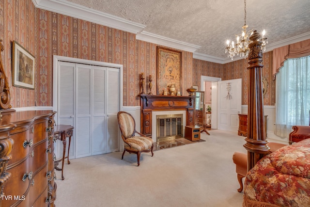 living area with a textured ceiling, light carpet, and ornamental molding