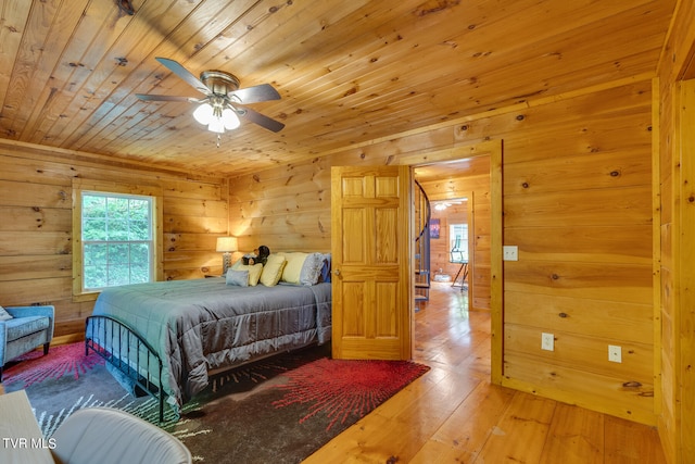 bedroom with wood ceiling, wood-type flooring, and ceiling fan