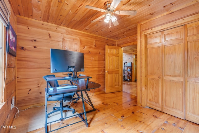 office space featuring light hardwood / wood-style floors and wood ceiling