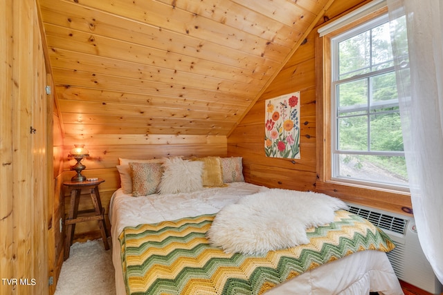 bedroom with vaulted ceiling and wooden ceiling