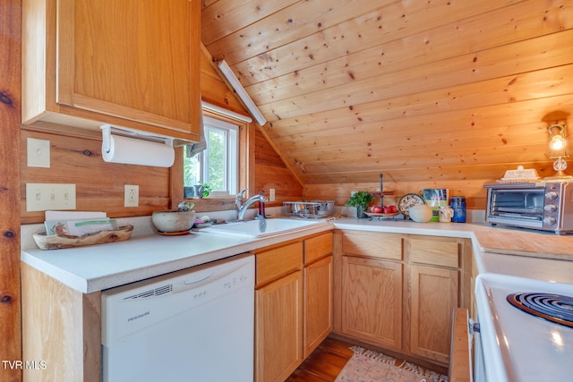 kitchen with light hardwood / wood-style flooring, dishwasher, vaulted ceiling, sink, and wooden ceiling