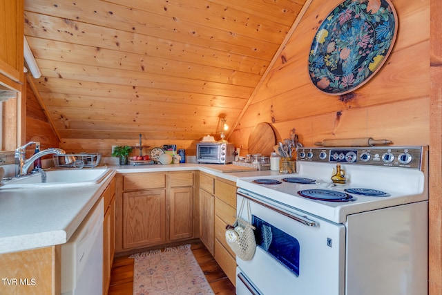 kitchen featuring white appliances, lofted ceiling, wood ceiling, and light hardwood / wood-style flooring