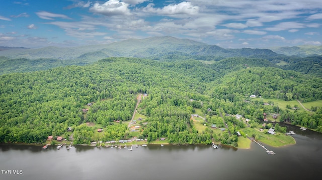 drone / aerial view with a water and mountain view