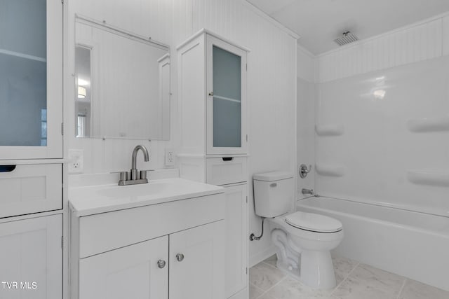 full bathroom featuring toilet, shower / bathing tub combination, vanity, and tile flooring