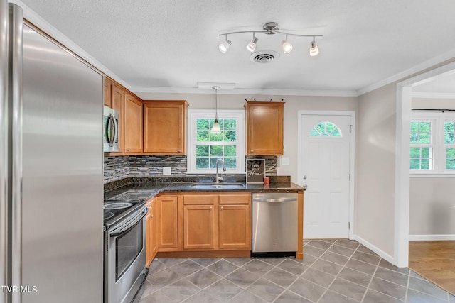 kitchen with appliances with stainless steel finishes, crown molding, a wealth of natural light, and pendant lighting