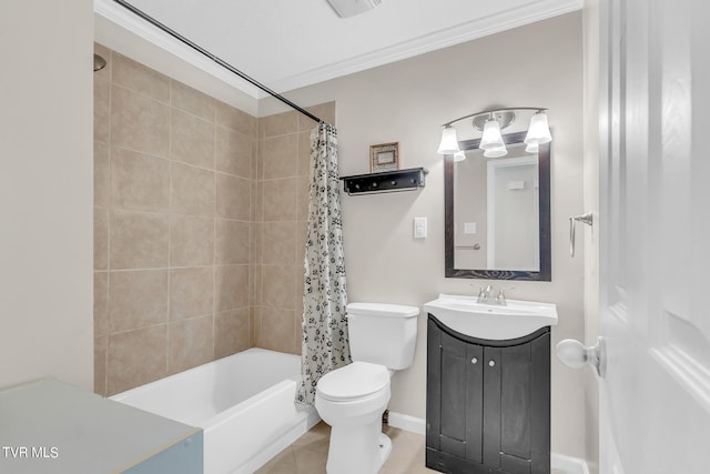 full bathroom with tile flooring, shower / bath combination with curtain, ornamental molding, toilet, and vanity