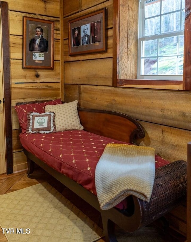 living area with wooden walls