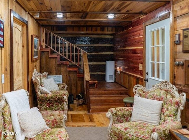 living area featuring wood-type flooring, wooden walls, and wood ceiling