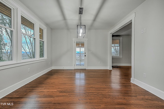 unfurnished dining area with dark wood-type flooring