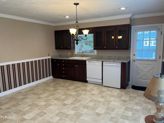 kitchen with sink, dishwasher, decorative light fixtures, and light tile floors