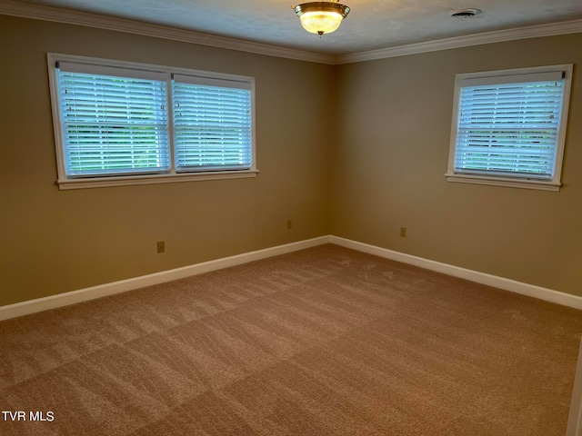 carpeted spare room featuring crown molding